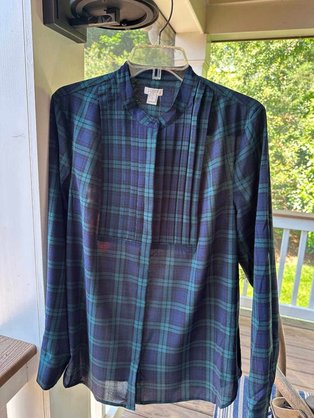 J. Crew Tuxedo Blouse Tunic Navy Green Plaid BlackWatch Mandarin Collar Sz L NWT